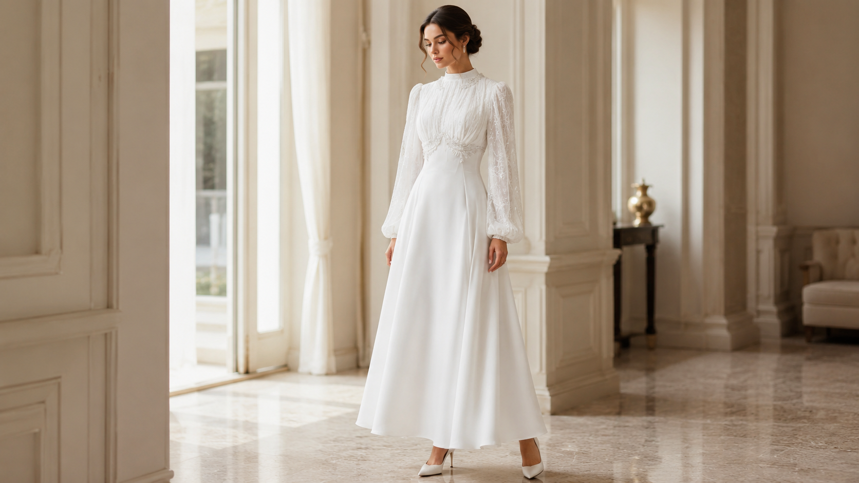 Vestido Modesto con Mangas de Encaje Blanco y Corte Evasé | Elegancia Serena de MWD
