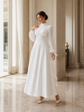 Vestido Modesto con Mangas de Encaje Blanco y Corte Evasé | Elegancia Serena de MWD