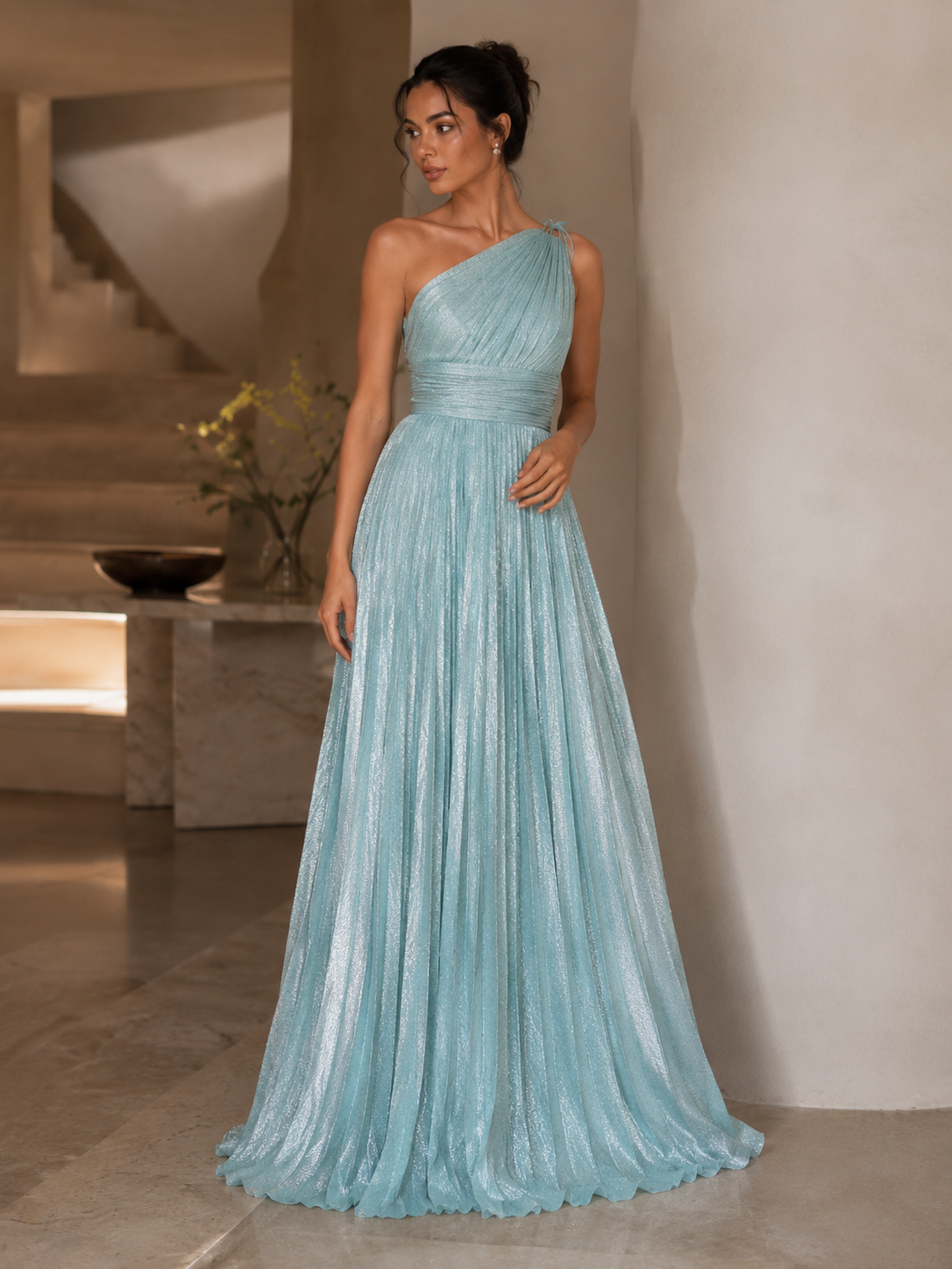 Seafoam Green Glitter One-Shoulder Pleated Evening Gown – Prom & Formal Dress