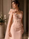 Blush Pink One-Shoulder Floral Embellished Evening Gown | My World of Dresses