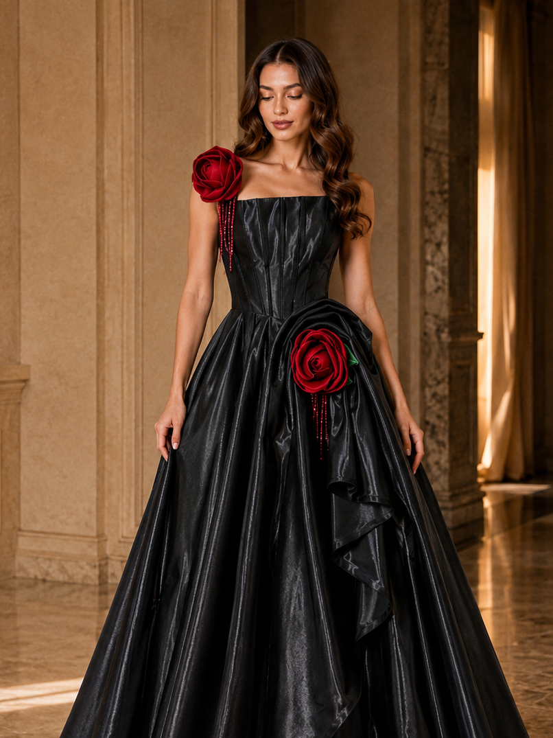 Vestido de noche corsé rosa rubor con detalles de rosas en color marfil | Rose Reverie