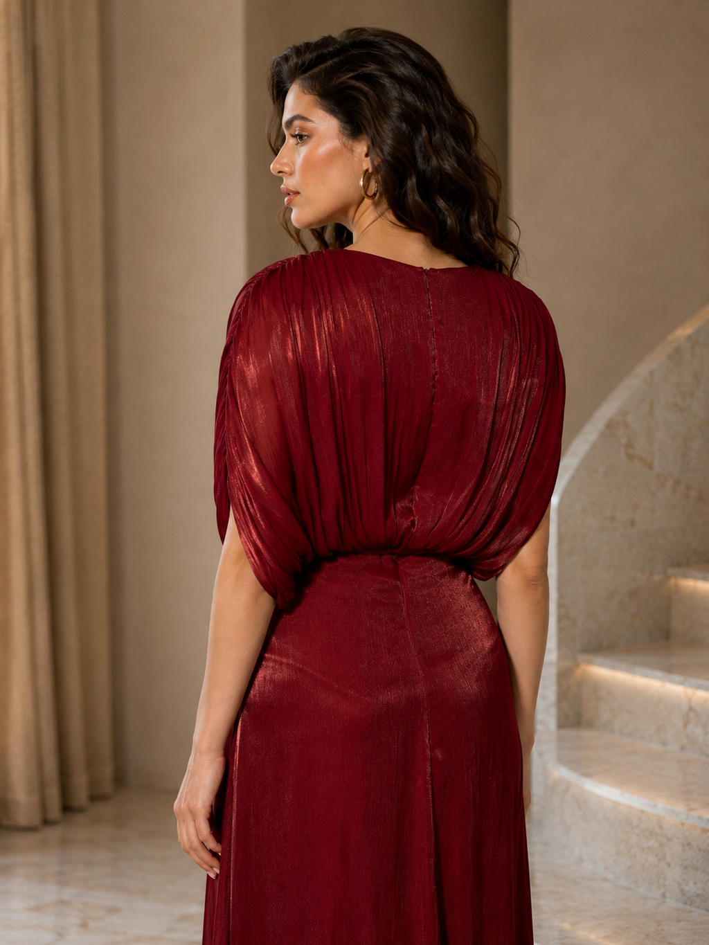 Burgundy Metallic Wrap Evening Gown with Draped Sleeves | Bordeaux Radiance