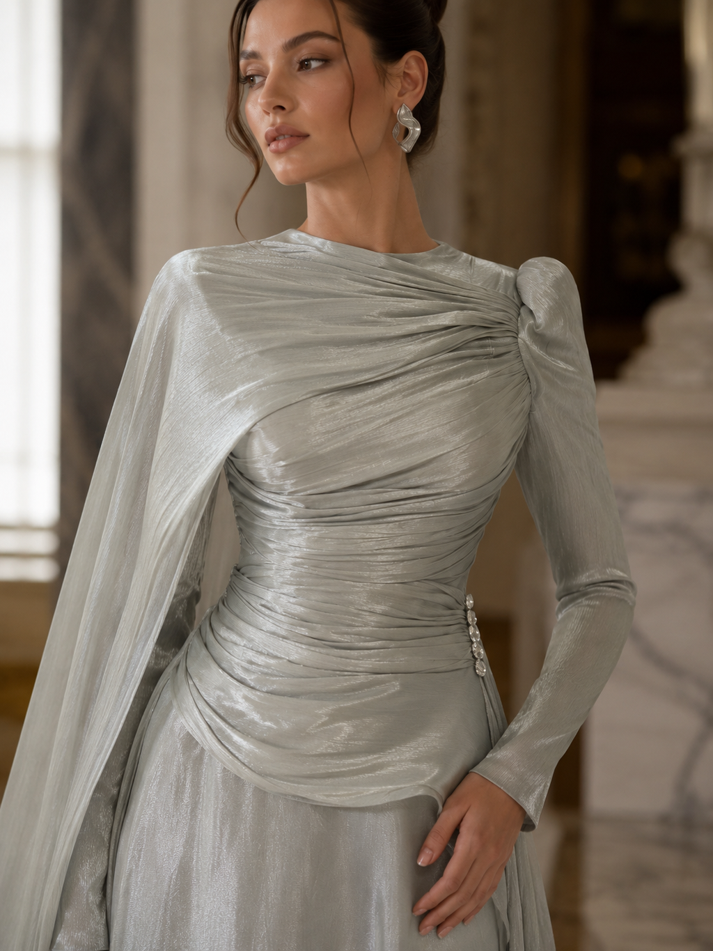Icy Sage Draped Cape Modest Evening Gown | My World of Dresses