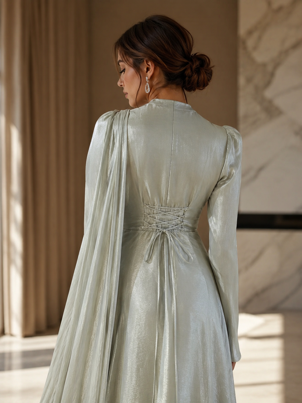 Icy Sage Draped Cape Modest Evening Gown | My World of Dresses