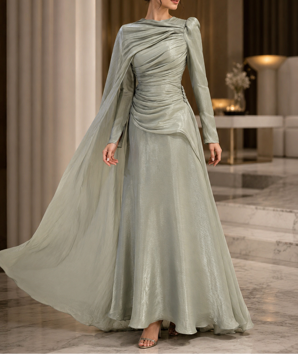 Icy Sage Draped Cape Modest Evening Gown | My World of Dresses