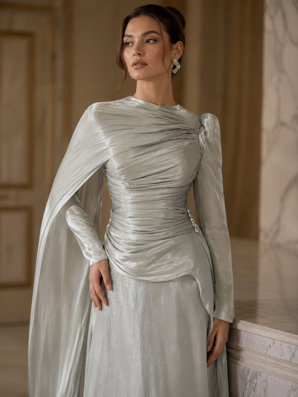 Icy Sage Draped Cape Modest Evening Gown | My World of Dresses