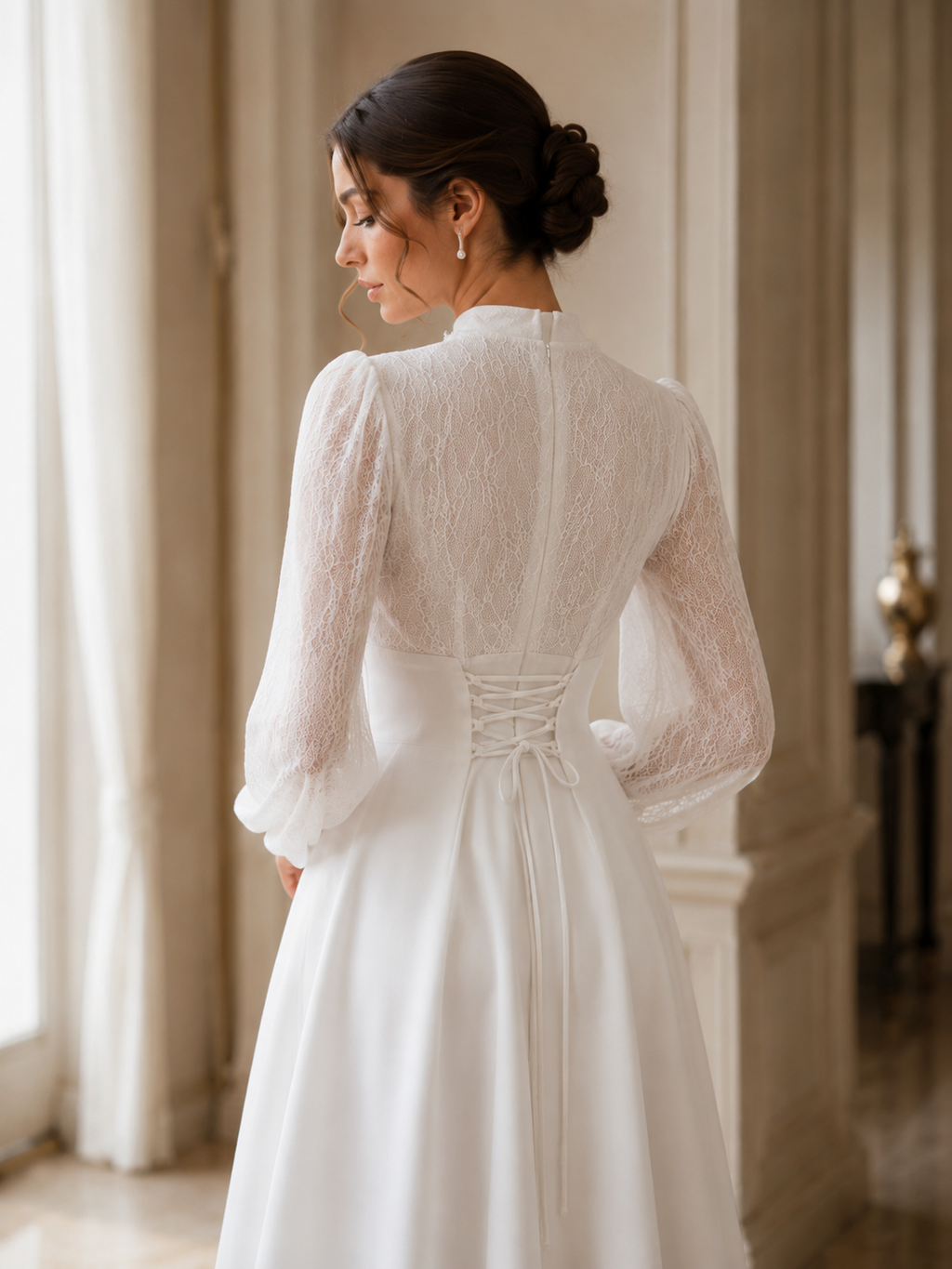 Vestido Modesto con Mangas de Encaje Blanco y Corte Evasé | Elegancia Serena de MWD