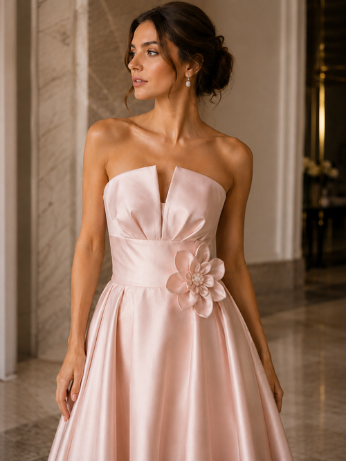 Vestido de Noche Rosa Rubor sin Tirantes con Flores 3D | My World of Dresses