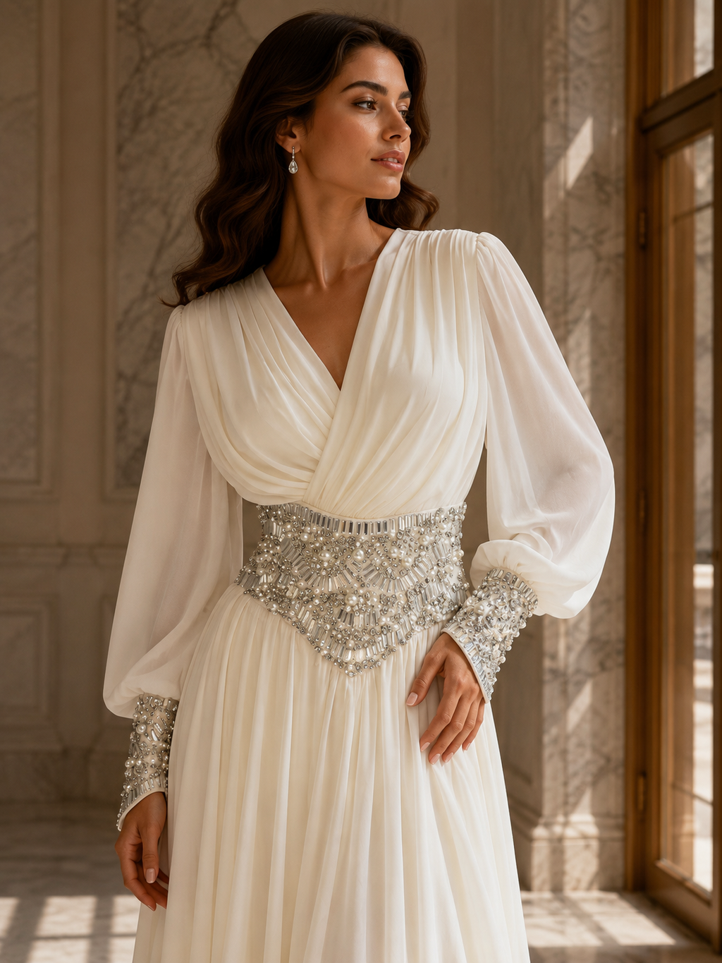 Vestido de noche largo de gasa con mangas largas y adornos de perlas blancas y cristales | My World of Dresses