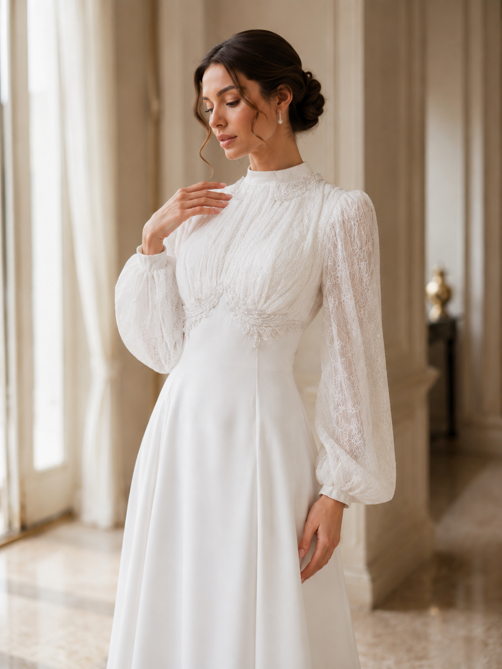 Vestido Modesto con Mangas de Encaje Blanco y Corte Evasé | Elegancia Serena de MWD