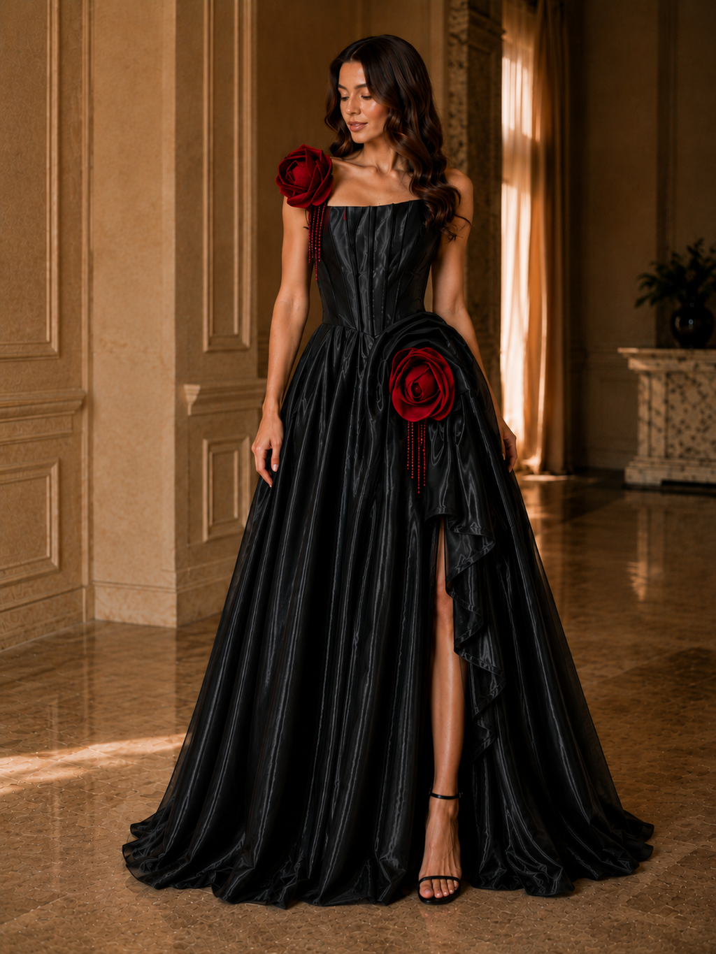 Black Corset Evening Gown with Red Rose Details