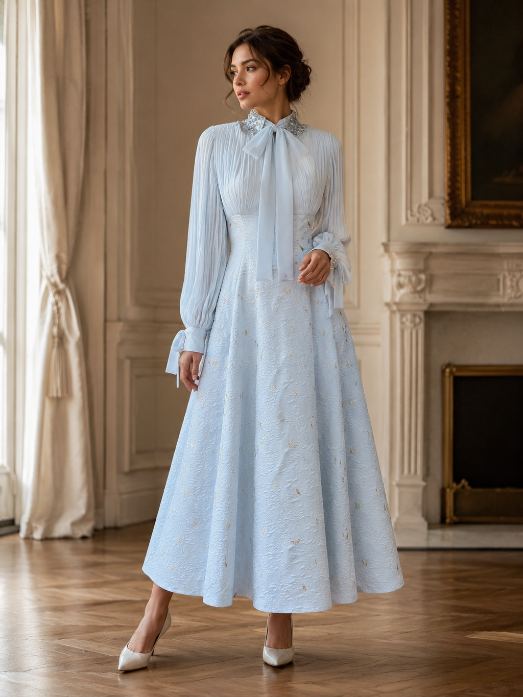 Front view of ice blue modest evening dress with beaded collar, bow neckline, pleated sleeves, and gold embroidered skirt details
