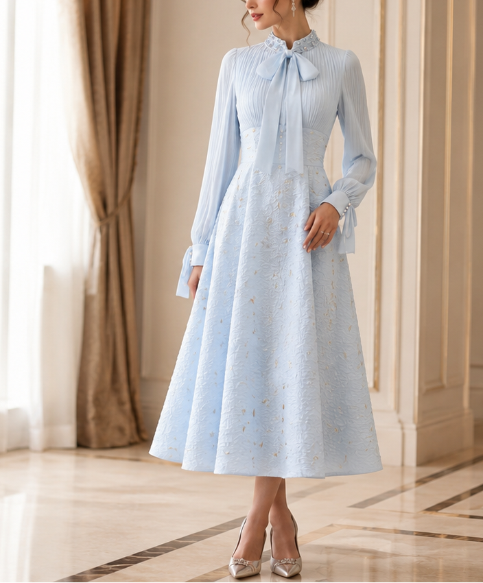 Ice blue embellished high neck bow A-line dress with pleated long sleeves and textured skirt, styled for My World of Dresses
