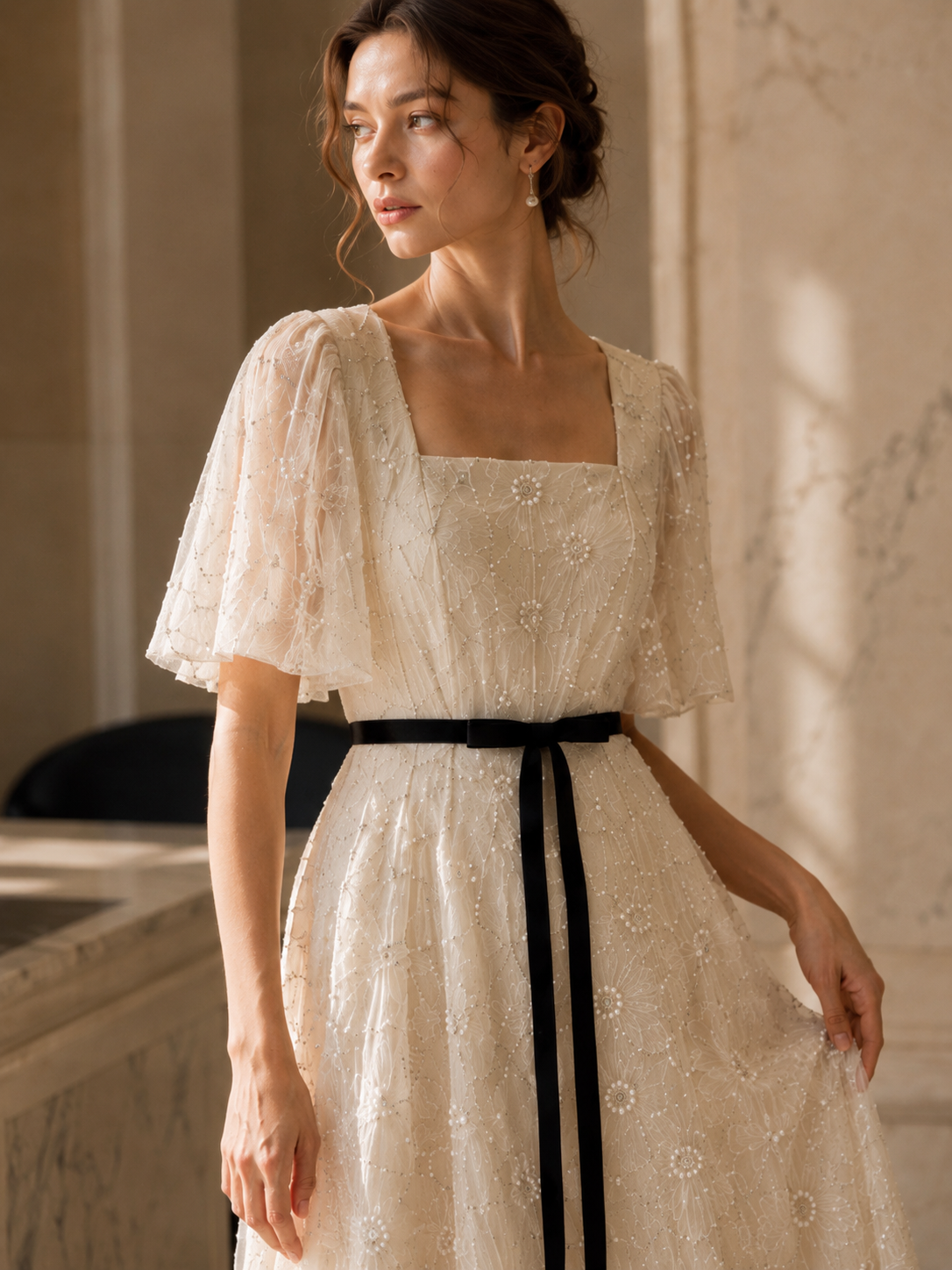 Close-up of ivory embroidered midi dress with square neckline, sheer flutter sleeves, and pearl floral details

