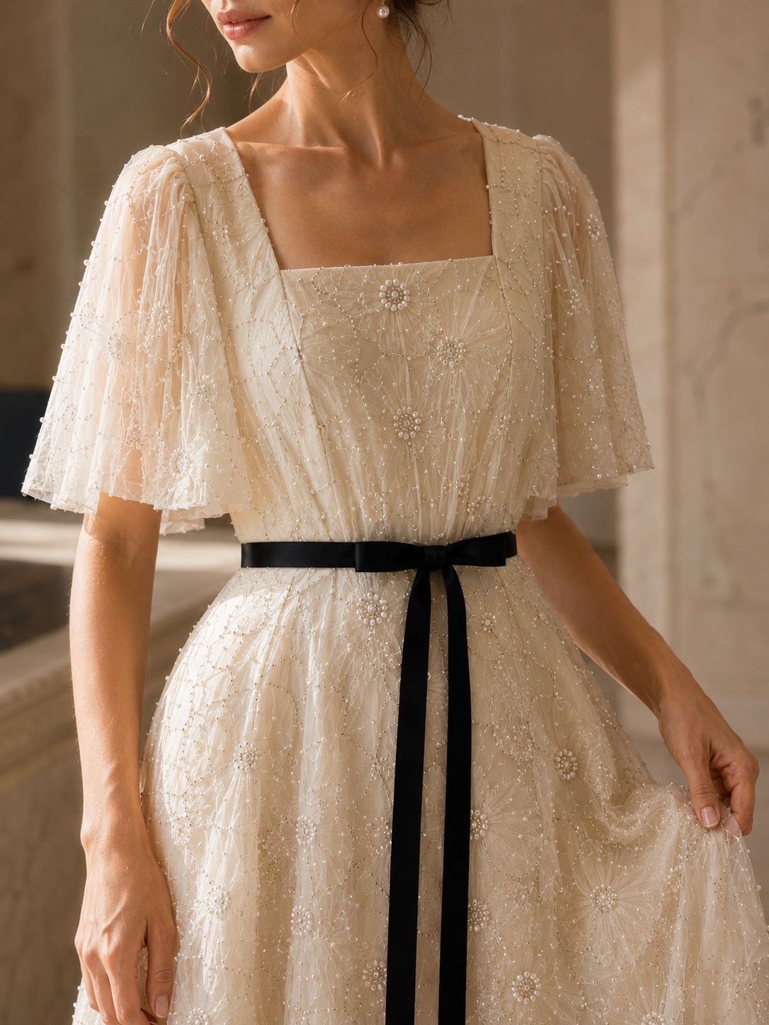 Detail close-up of ivory floral embroidered dress with pearl-centered flowers, beadwork, tulle texture, and black ribbon belt