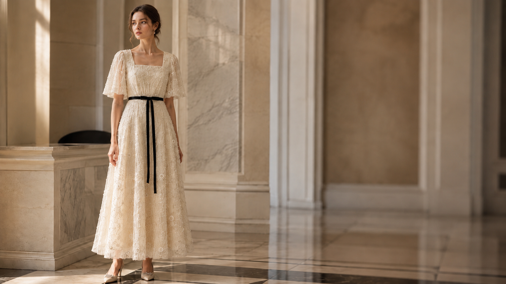 Ivory floral embroidered midi dress with black ribbon belt worn by a model in a luxury interior
