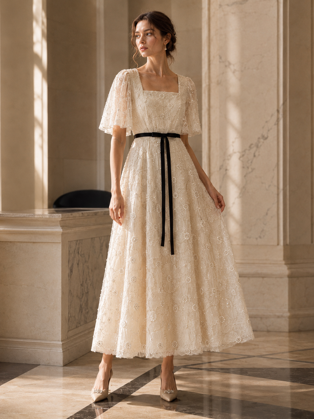 Front view of ivory floral tulle A-line midi dress with square neckline and black ribbon waist belt
