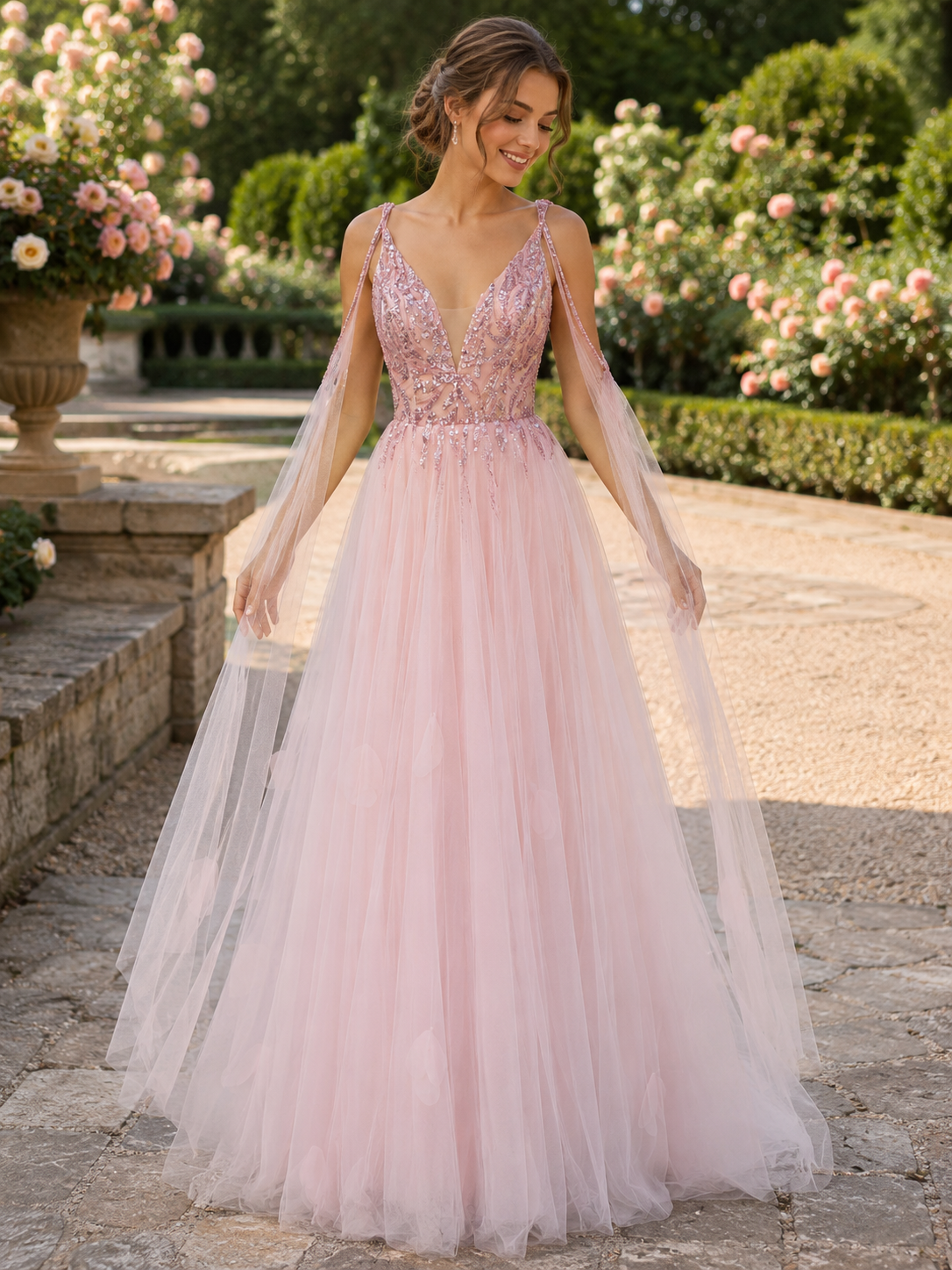 Ice Blue Beaded Tulle Evening Gown with Cape Drapes