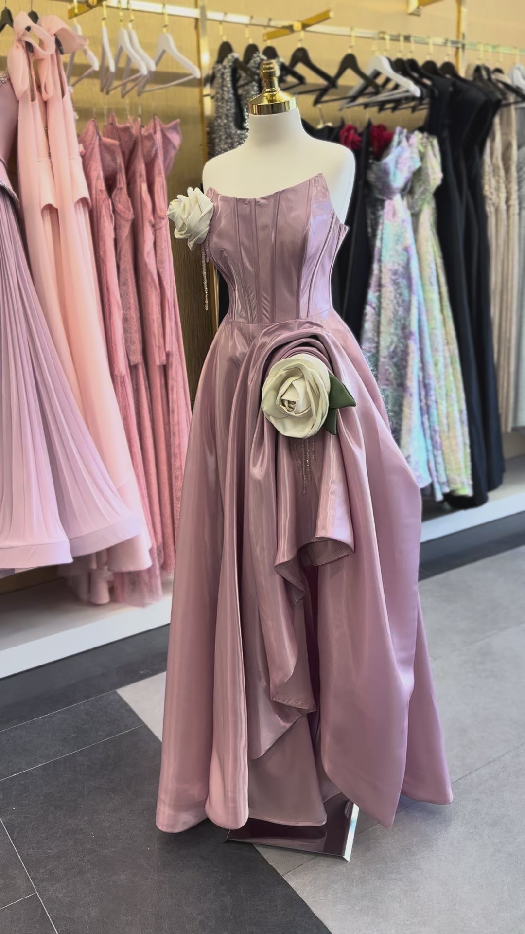 Blush Pink Corset Evening Gown with Ivory Rose Details – Women's Prom & Formal Dress