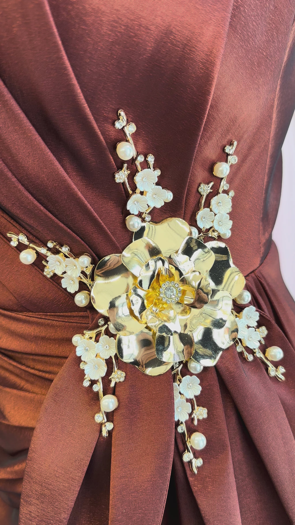 Burnt Copper One-Shoulder Satin Evening Gown with Sculptural Floral Details