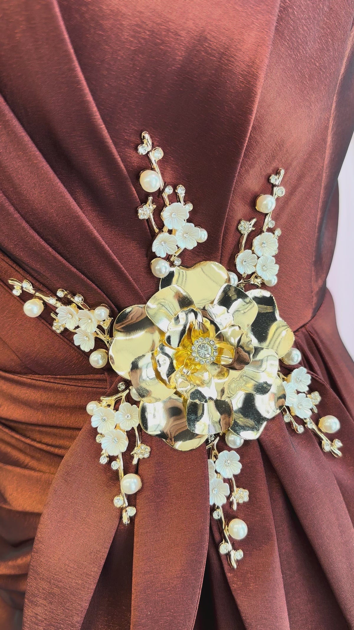 Burnt Copper One-Shoulder Satin Evening Gown with Sculptural Floral Details