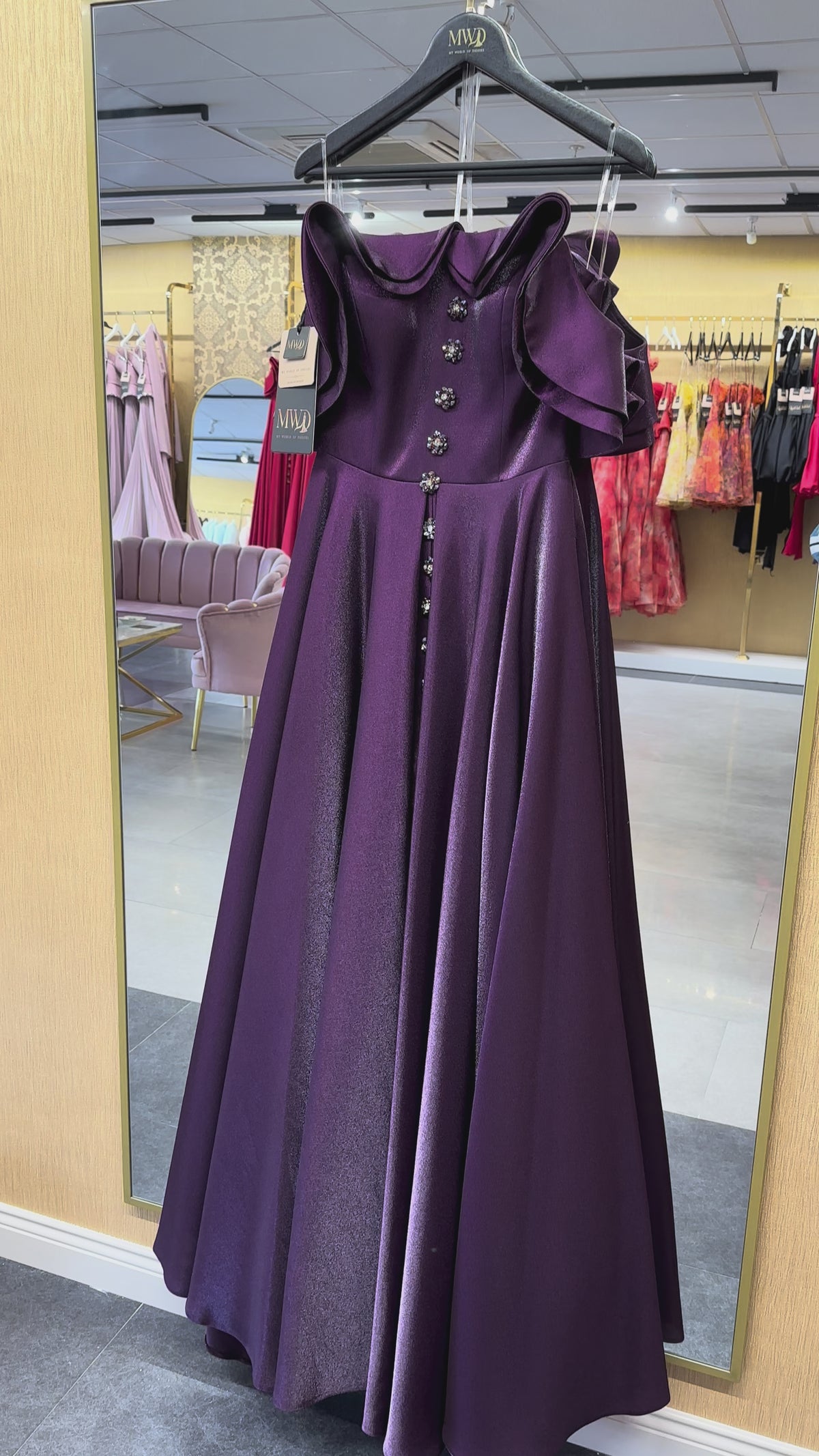 Plum Purple Off-Shoulder Ruffle Evening Gown with Crystal Buttons – Formal Dress