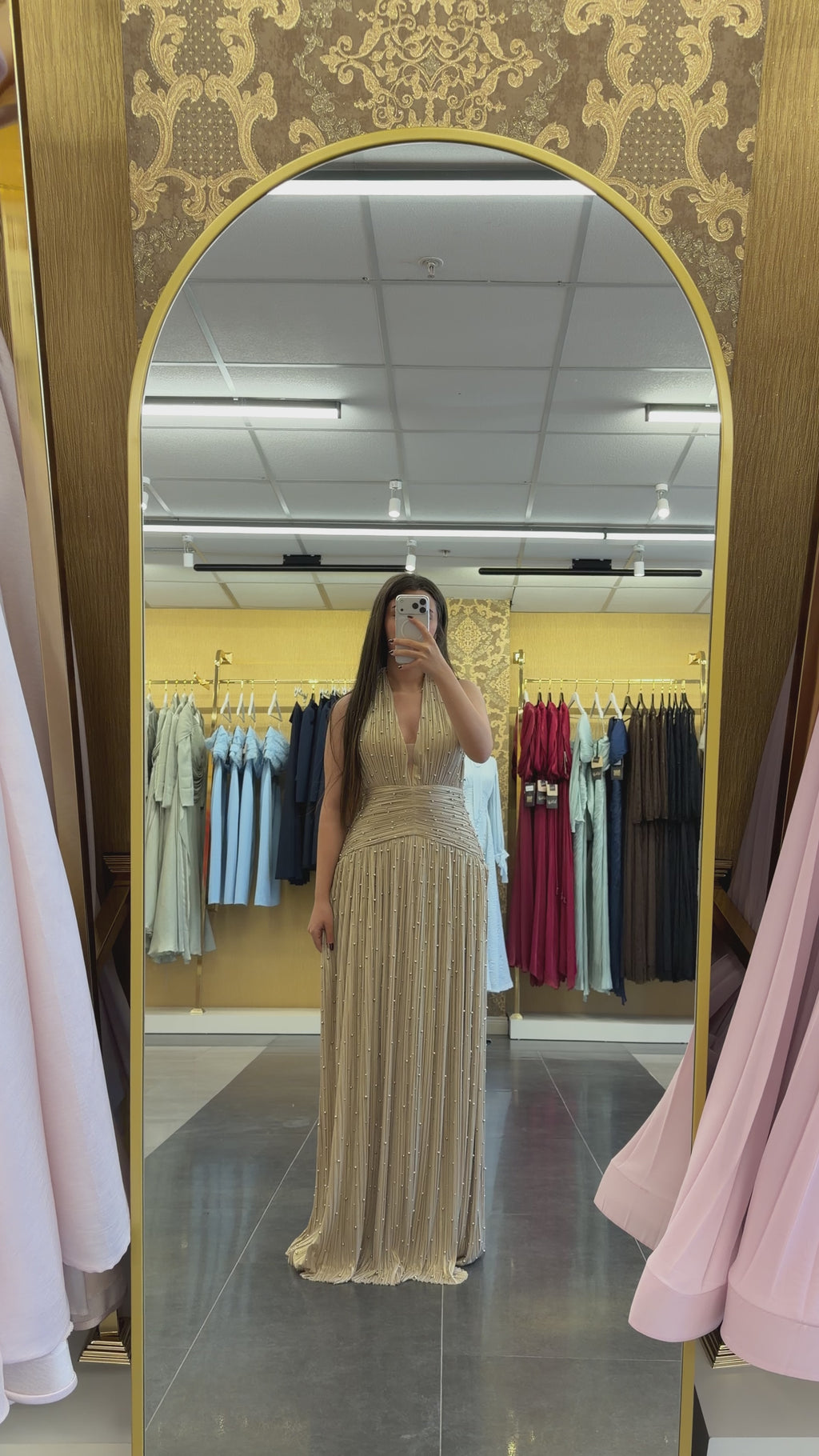 Champagne Gold Halter Evening Gown with Beaded Pleated Details – Formal Dress