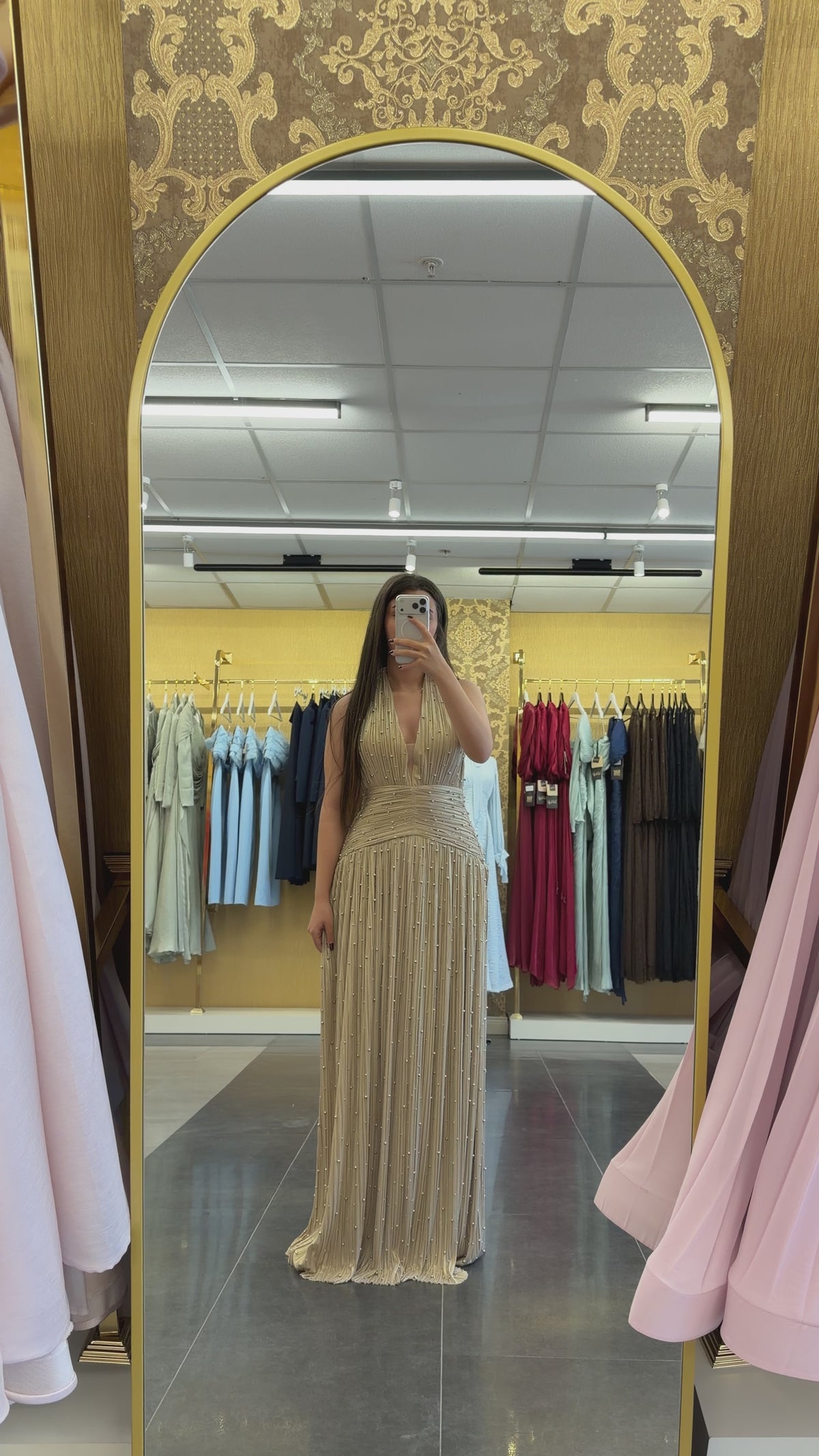 Champagne Gold Halter Evening Gown with Beaded Pleated Details – Formal Dress