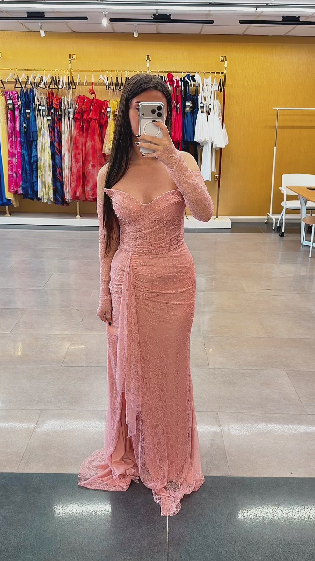 Blush Pink Lace Off-Shoulder Evening Gown – Women's Prom & Formal Dress