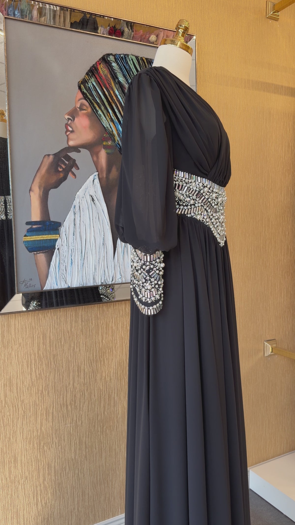 Black Pearl & Crystal Embellished Long Sleeve Chiffon Evening Gown – Modest Formal