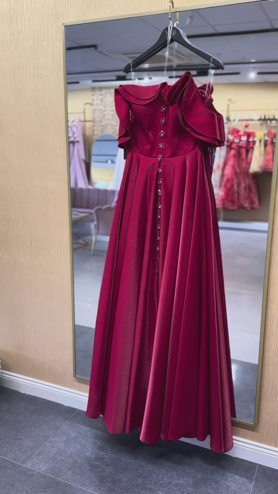 Ruby Red Off-Shoulder Ruffle A-Line Evening Gown with Crystal Buttons – Prom Dress
